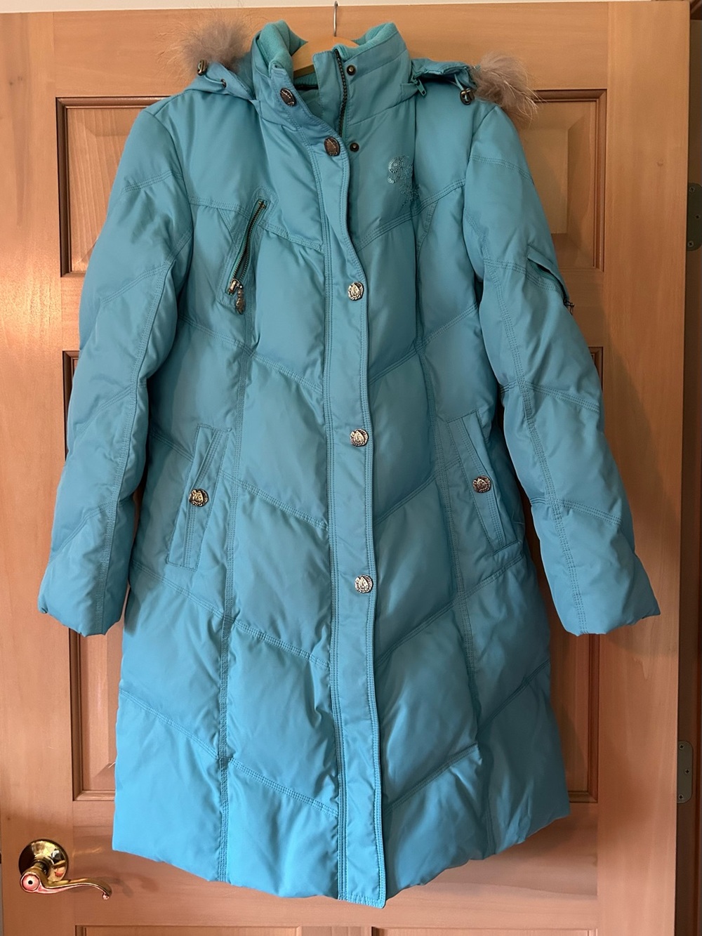 Bosideng Long Down Puffer Coat Teal/Turquoise Blue Women’s XL Fur Trim Hood